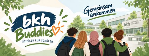 Gezeichnetes Motiv mit fünf Lernenden von hinten, die auf das Schulgebäude blicken, daneben der Schriftzug bkh Buddies