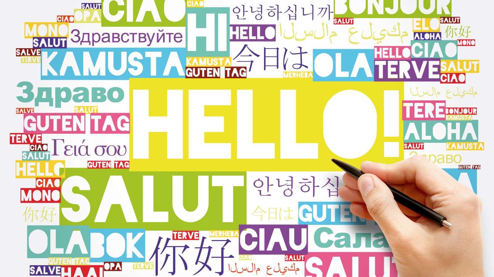 Grußworte in vielen Sprachen, eine Hand schreibt das Wort Hello