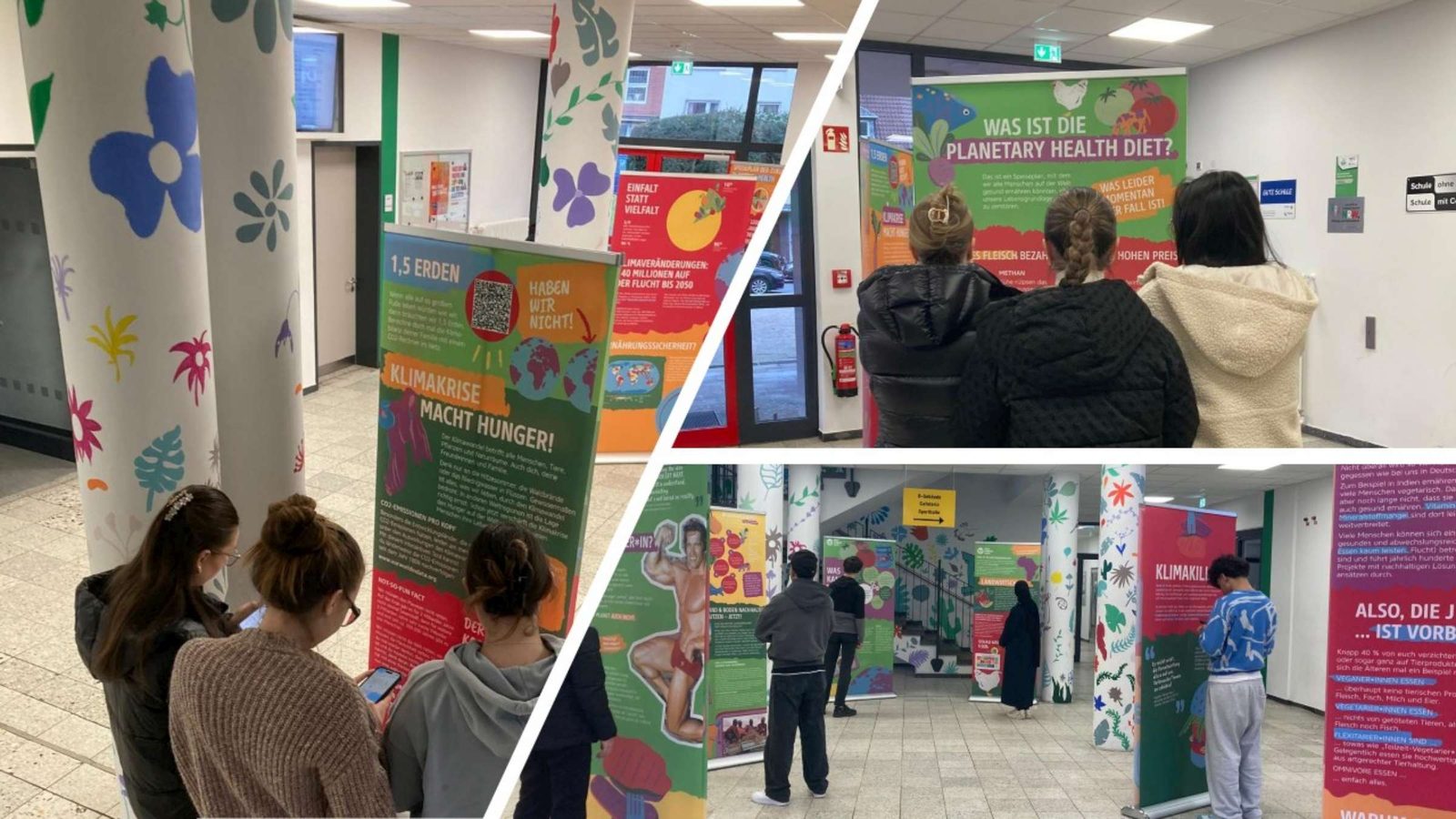 Lernende betrachten die Rollbanner der Ausstellung zur Planetary Health Diet im Schulflur