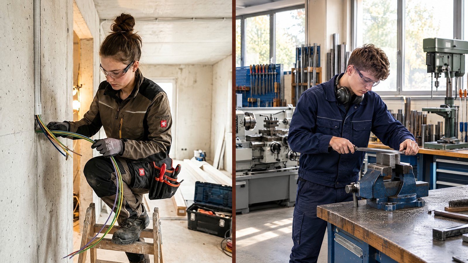 KI-generiertes Bild: Zwei Szenen nebeneinander: links verlegt eine junge Frau in Arbeitskleidung Kabel an einer Betonwand, rechts feilt ein junger Mann in Arbeitskleidung und Schutzbrille ein Werkstück im Schraubstock, dahinter Drehmaschine und Bohrmaschine einer Metallwerkstatt